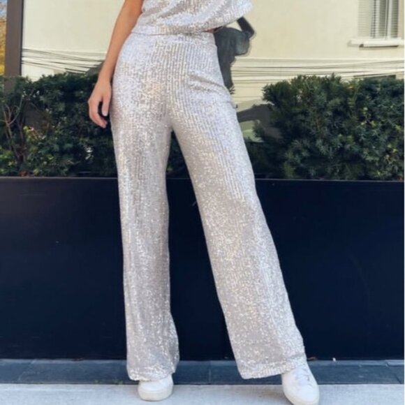 NWT Skies are Blue sequin silver sequin pants with nude base - Picture 1 of 10